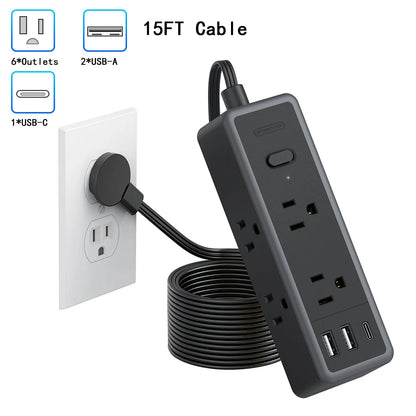 6-Outlet Power Strip Extension Power Cord Travel Adapter Electronics DealSniper.net Black 15FT CHINA US Plug