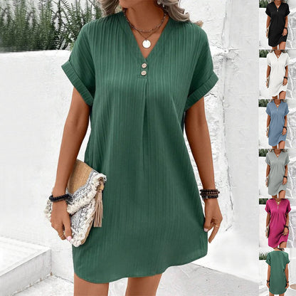 Fashion V-neck Short-sleeved Dress Casual Solid Strip Women dealsniper-net