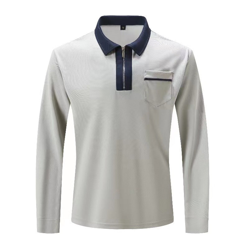 Autumn Mens Long Sleeve Zipper Polo Shirts Casual Lapel Men DealSniper.net Gray With Navy Blue 2XL