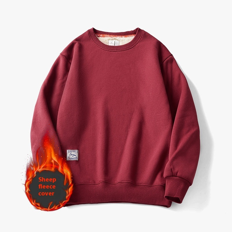 Winter Fleece Sweatshirt Warm Round Neck Pullover Top Men DealSniper.net Burgundy 2XL