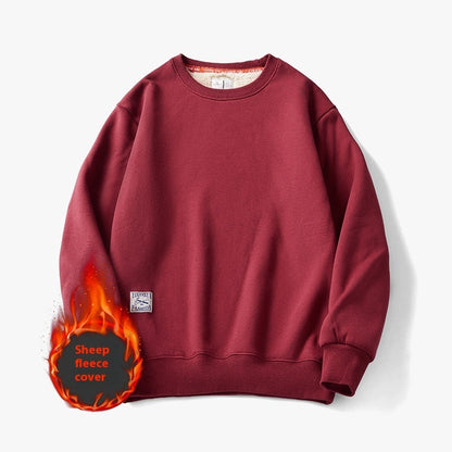 Winter Fleece Sweatshirt Warm Round Neck Pullover Top Men DealSniper.net Burgundy 2XL