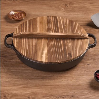 Cast Iron Wok With Dual Handles And Wooden Lid Kitchen dealsniper-net