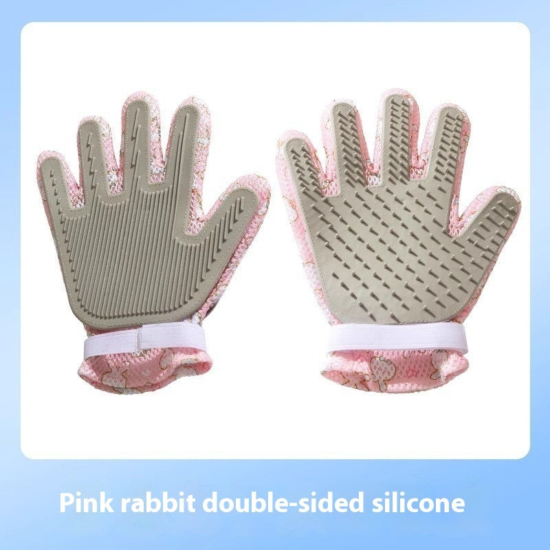 Pet Bath Cat Petting Gloves Double-sided Floating Hair Comb Pets Gym From House Pink rabbit double side