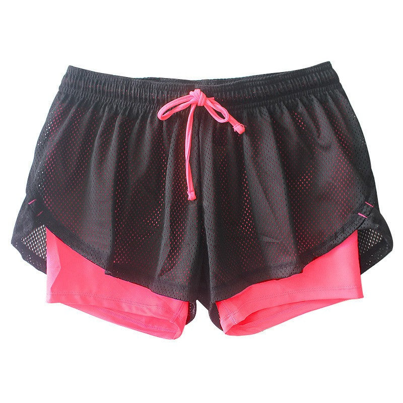 Trendy Versatile Faux Two-piece Women's Mesh Drawstring Women Gym From House Rose red 2XL