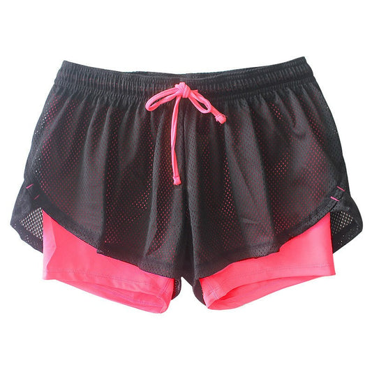 Trendy Versatile Faux Two-piece Women's Mesh Drawstring Women Gym From House Rose red 2XL
