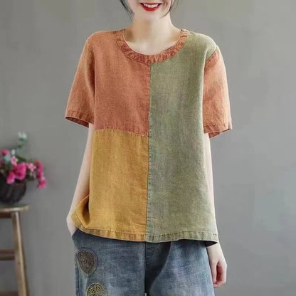 Cotton Linen Contrast Color T-shirt Artistic Design Half Sleeve Women Women dealsniper-net