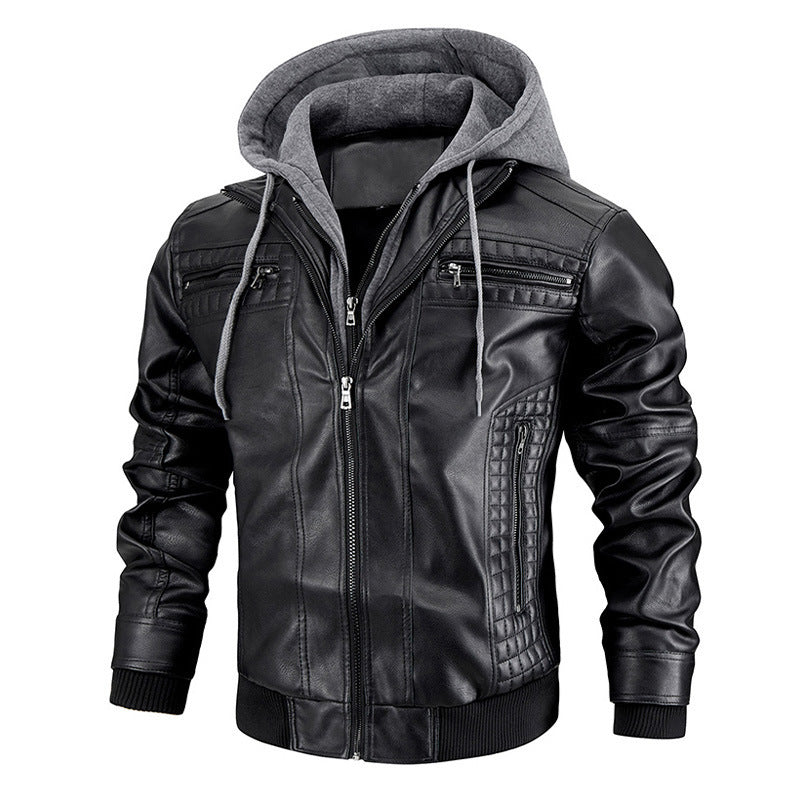 Hooded Jacket With Zipper Pockets Fashion Warm Pu Leather