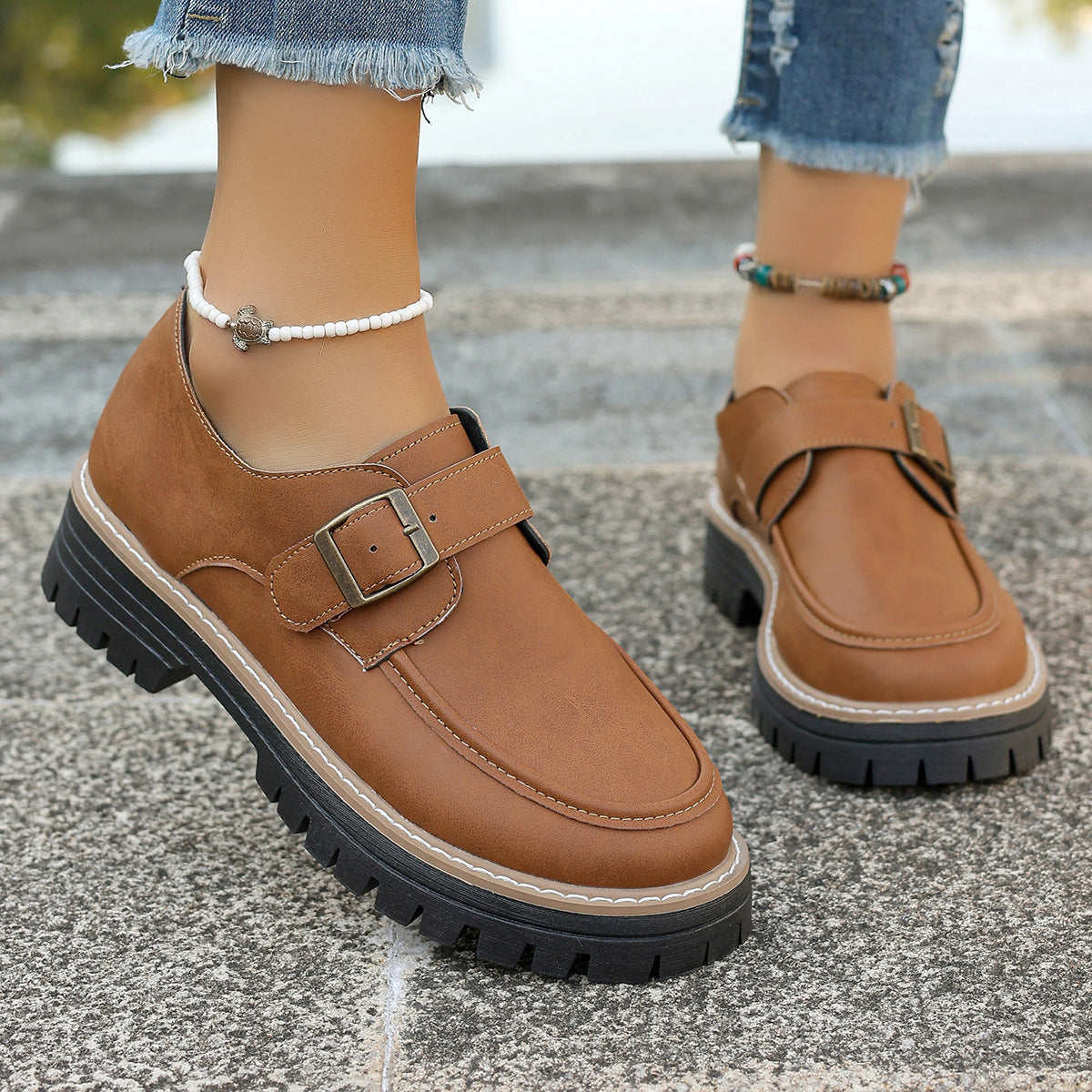 Fashion Buckle Loafers For Women British Style Height-increasing