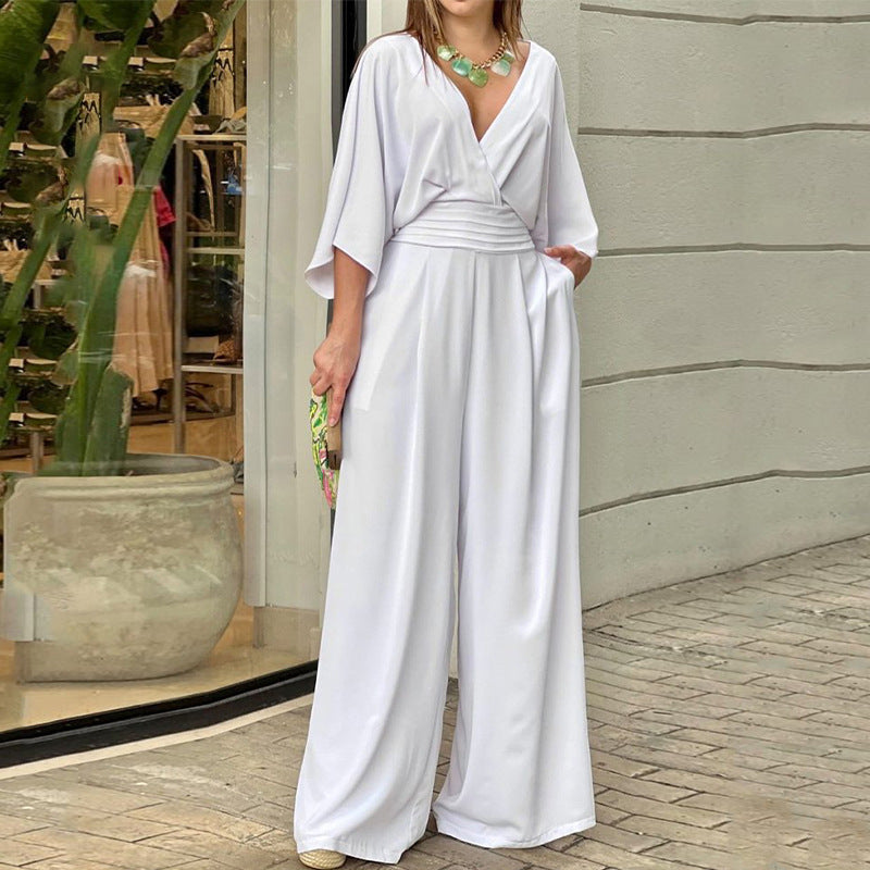Women's Jumpsuit V-neck Solid Color Summer Trendy Fashion Women Gym From House White 2XL