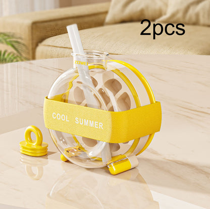 Summer Ice Cube Tray 2 In1 Ice Tray And Water Bottle Kitchen Gym From House With Straw Ribbon Yellow 2PCS