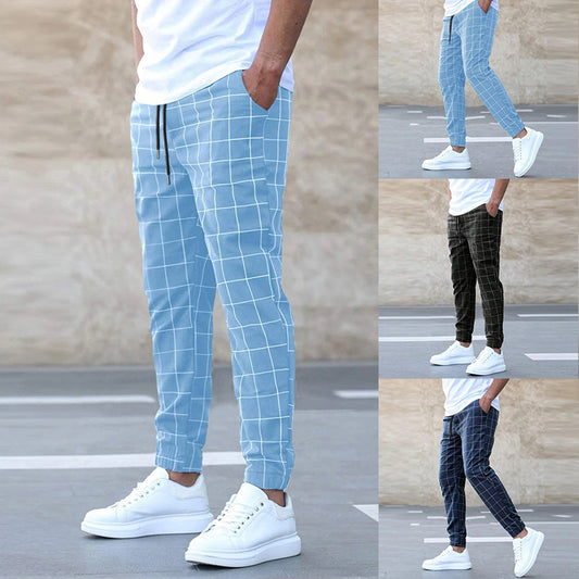 Fashion Plaid Print Pants Men's Casual Drawstring Trousers Men dealsniper-net