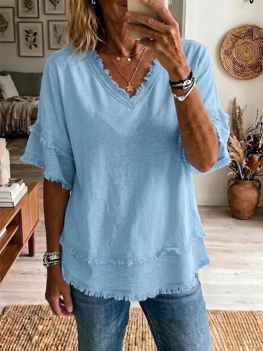 Casual Women's Shirt V-Neck Short Sleeve Loose Fit Women Gym From House Light Blue 2XL