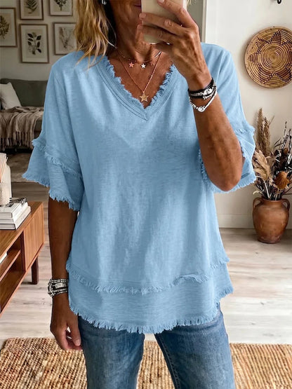 Casual Women's Shirt V-Neck Short Sleeve Loose Fit Women Gym From House Light Blue 2XL