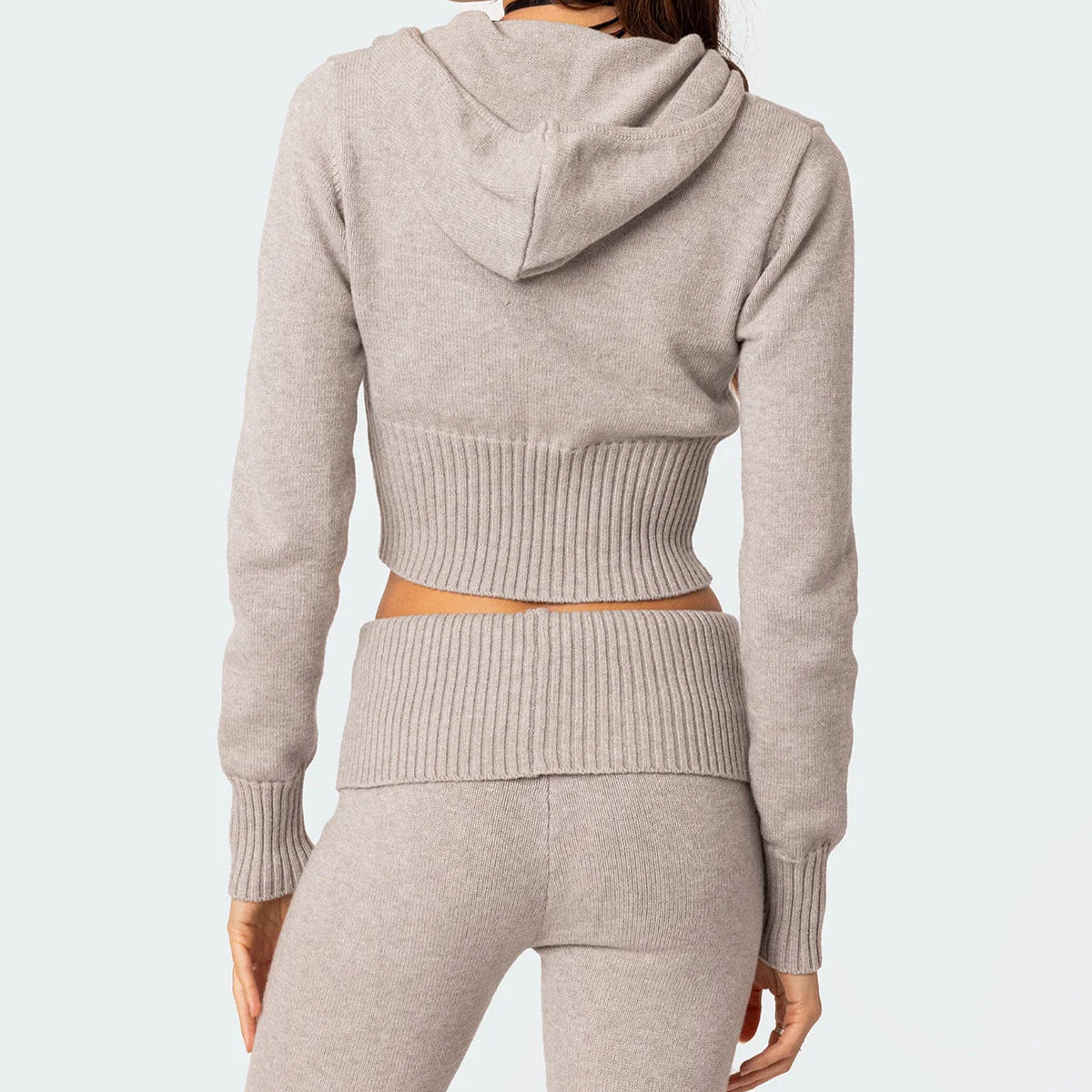 Fashion Knitted Hooded Suit Long Sleeve Zipper Cropped Top