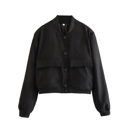 Casual Single-breasted Stand Collar Short Jacket With Pockets Women DealSniper.net Black L