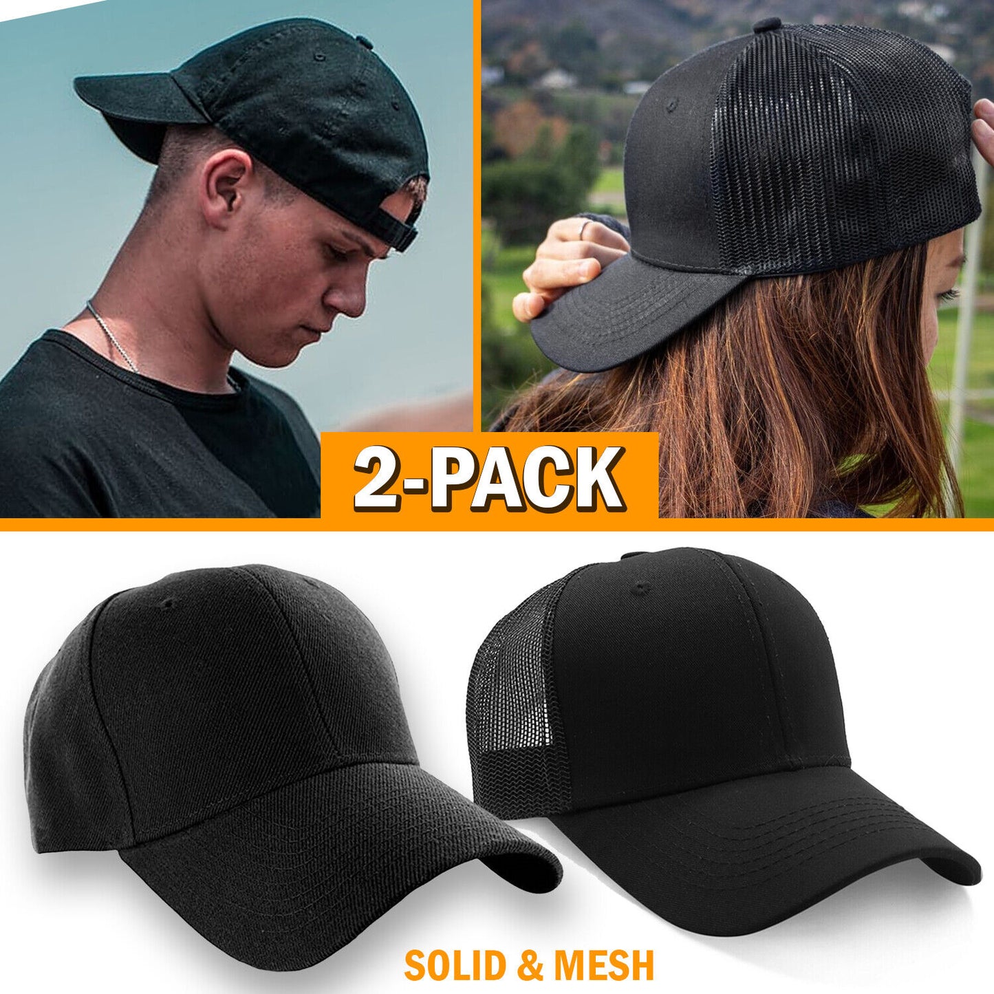 2 Pack Baseball Cap Ball Dad Hat Adjustable Plain Solid Washed Mesh Men Women Men dealsniper-net