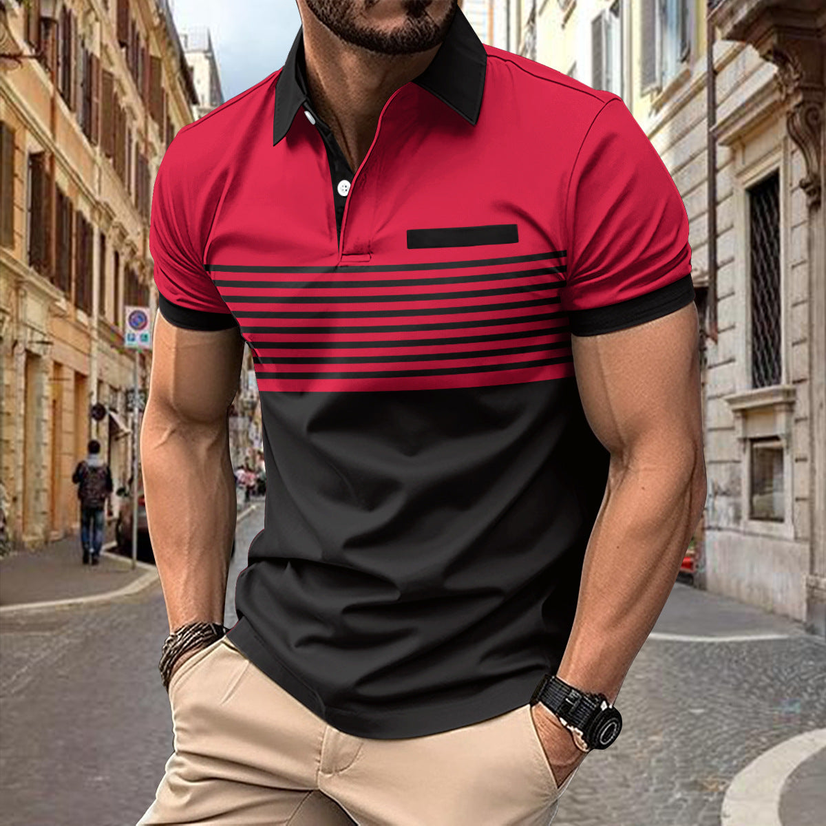 Casual Striped Shirt With Chest Pocket Men Clothing Men DealSniper.net Red L