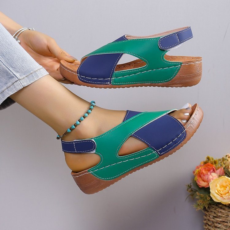 Summer Wedges Sandals With Colorblock Cross-strap Women dealsniper-net Blue Green Size36