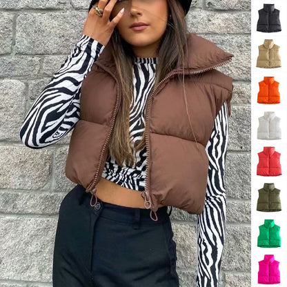 Winter Short Vest For Women Solid Color Zip Sleeveless Lapel Jacket Fashion Bread Coat Women dealsniper-net