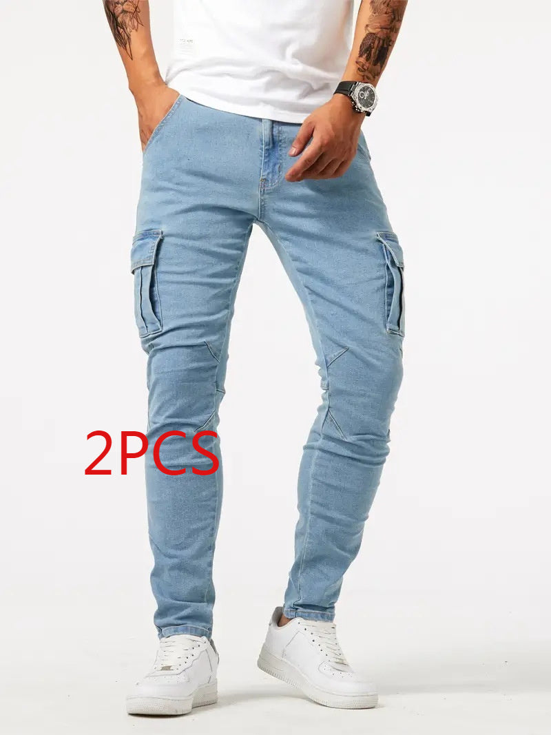 Man's Casual Cargo Pants Stylish Tide Brand Stretch Pants Men null Light Blue 2PCS L