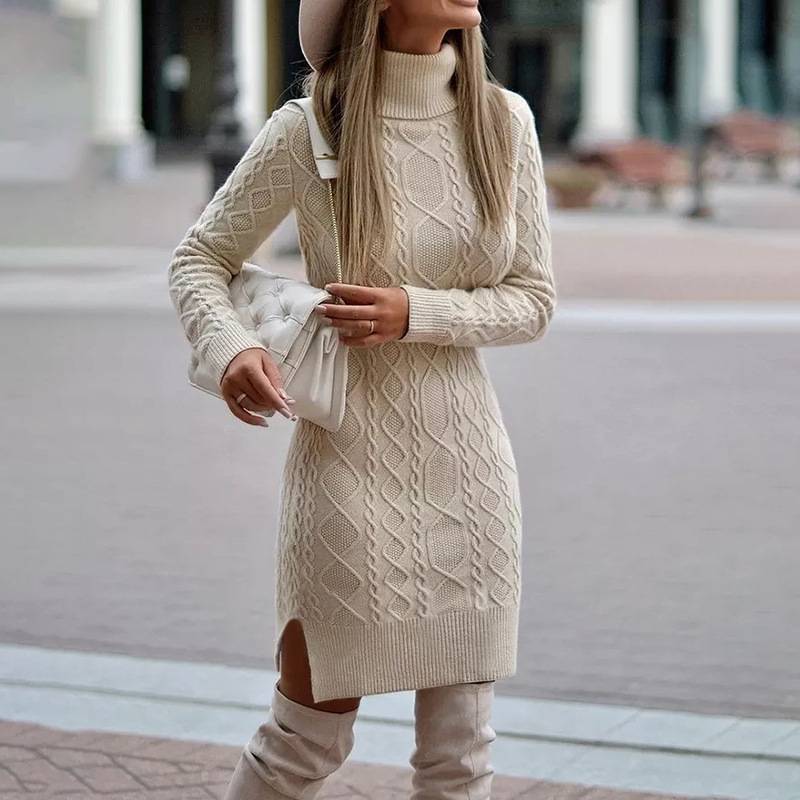 Fashion Turtleneck Knitted Dress With Slit Design