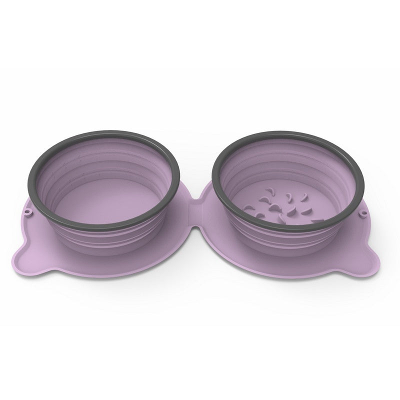 Portable Silicone Double Dog Food Bowls Foldable Non-Slip Pets Gym From House Purple