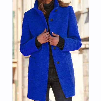 Fashion Stand Collar Woolen Coat With Pockets Fall Winter Women dealsniper-net Dark Blue 2XL