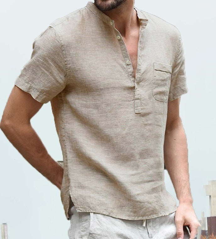 Casual Linen Solid Color Shirt Button V Neck Beach Shirt Men Summer Tops Men DealSniper.net Beige L