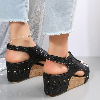 Summer Chunky Wedges Sandals Fashion Sequins Velcro Shoes Women Women dealsniper-net