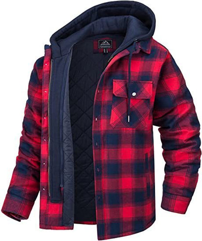 Men's Plaid Hooded Coat Winter Warm Button Zip-up Jacket Women null Red 2XL