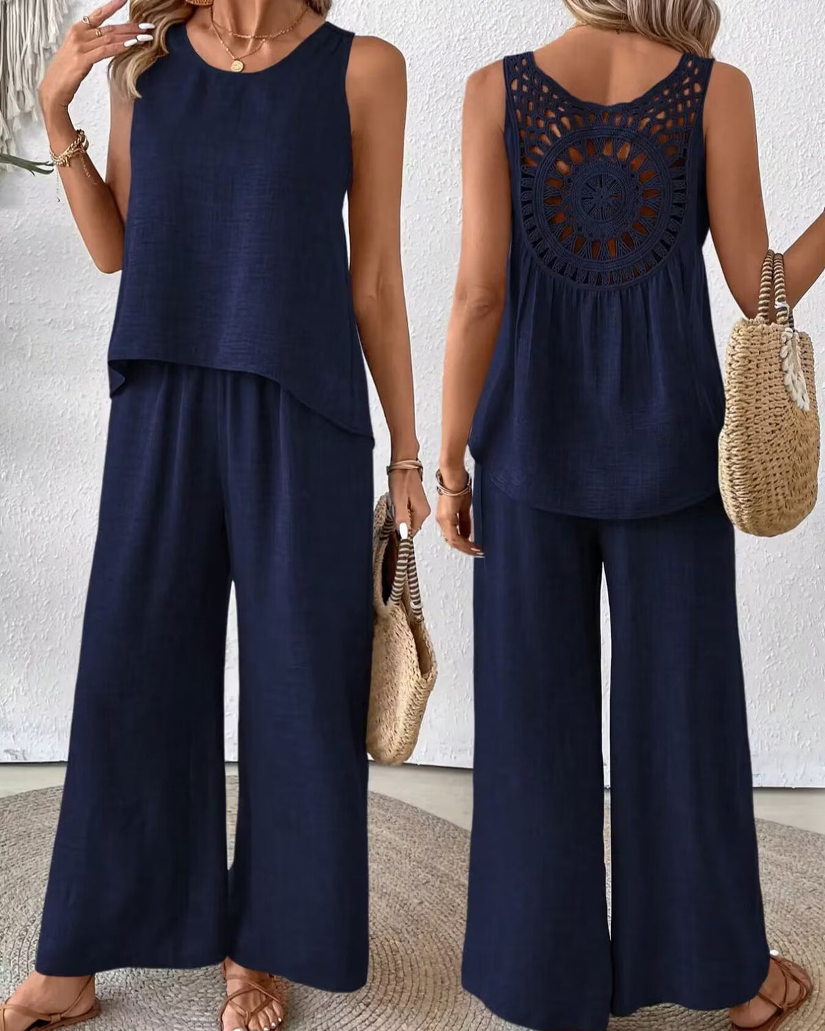 2 Pieces Set Women's Sleeveless Solid Color Back Hollow Lace Suit Women Gym From House Dark Blue L