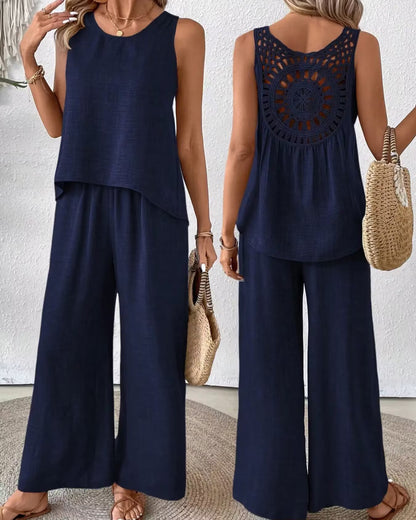 2 Pieces Set Women's Sleeveless Solid Color Back Hollow Lace Suit Women Gym From House Dark Blue L