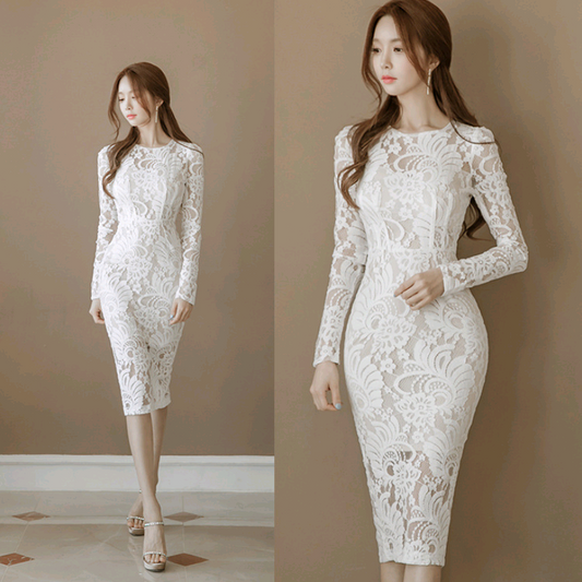 Lace Slim Bag Hip Fashion Round Neck Long Dress Women's Step Skirt Women dealsniper-net