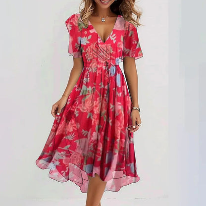 Chiffon Printed Short Sleeve Dress Summer Elegant V-neck Women dealsniper-net Red L