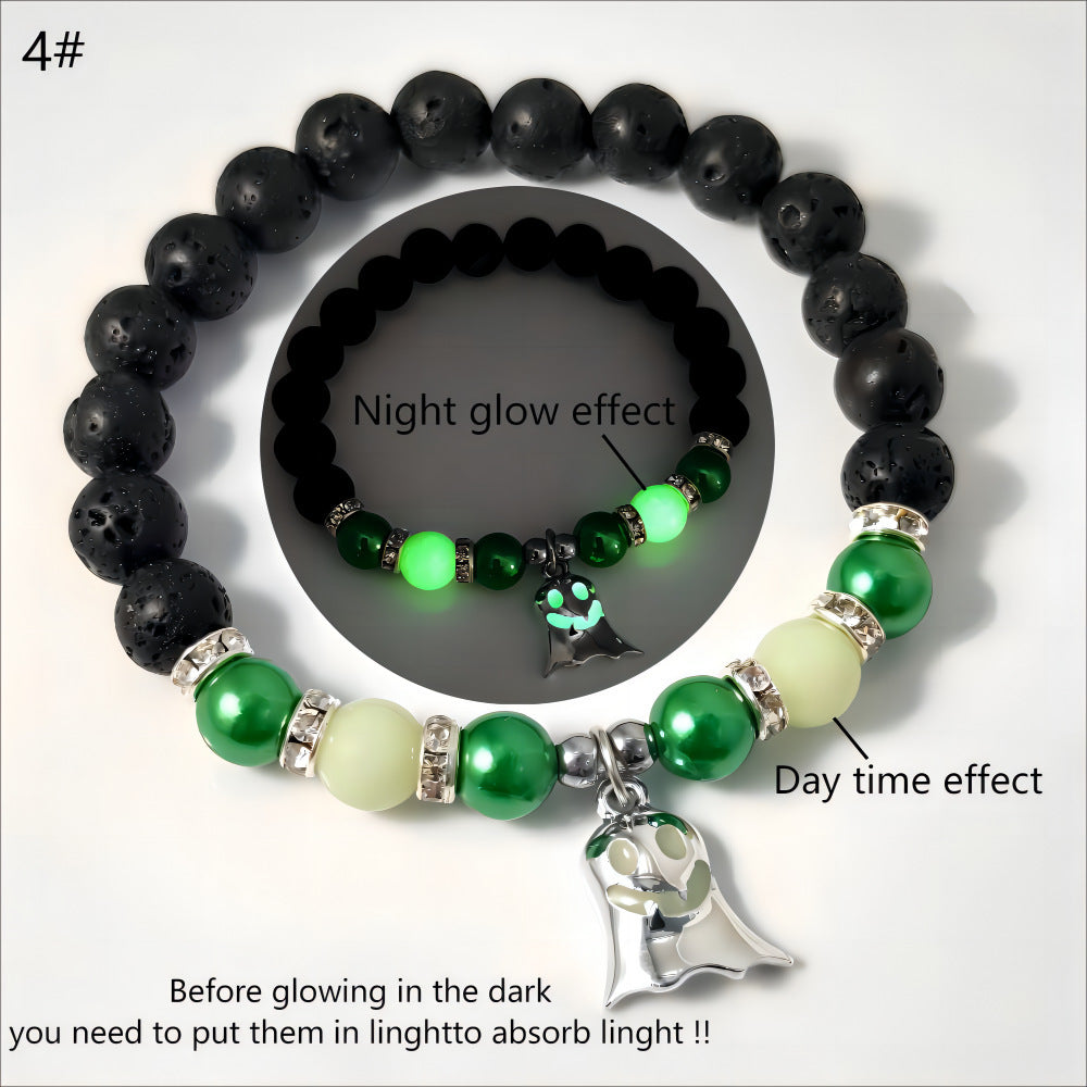 Halloween Gift Luminous Little Ghost Natural Volcano Bracelet Jewelry dealsniper-net 4 Green Beads Green Light