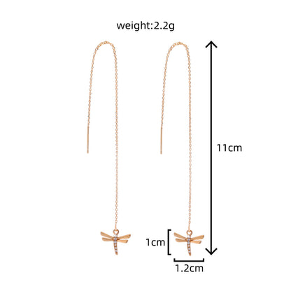 Gold Copper Dragonfly Micro-Set Zircon Long Tassel Ear Wire Jewelry dealsniper-net