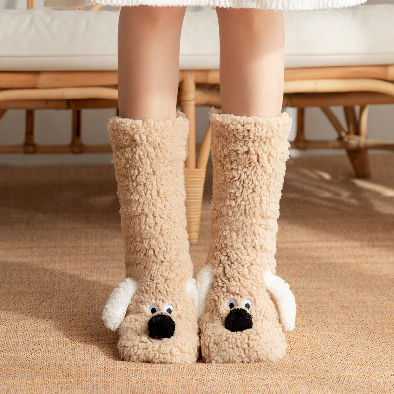 Cute Cartoon Dog Floor Socks Winter Warm Non-slip Women BeardAir.com Light Coffee Dog One size