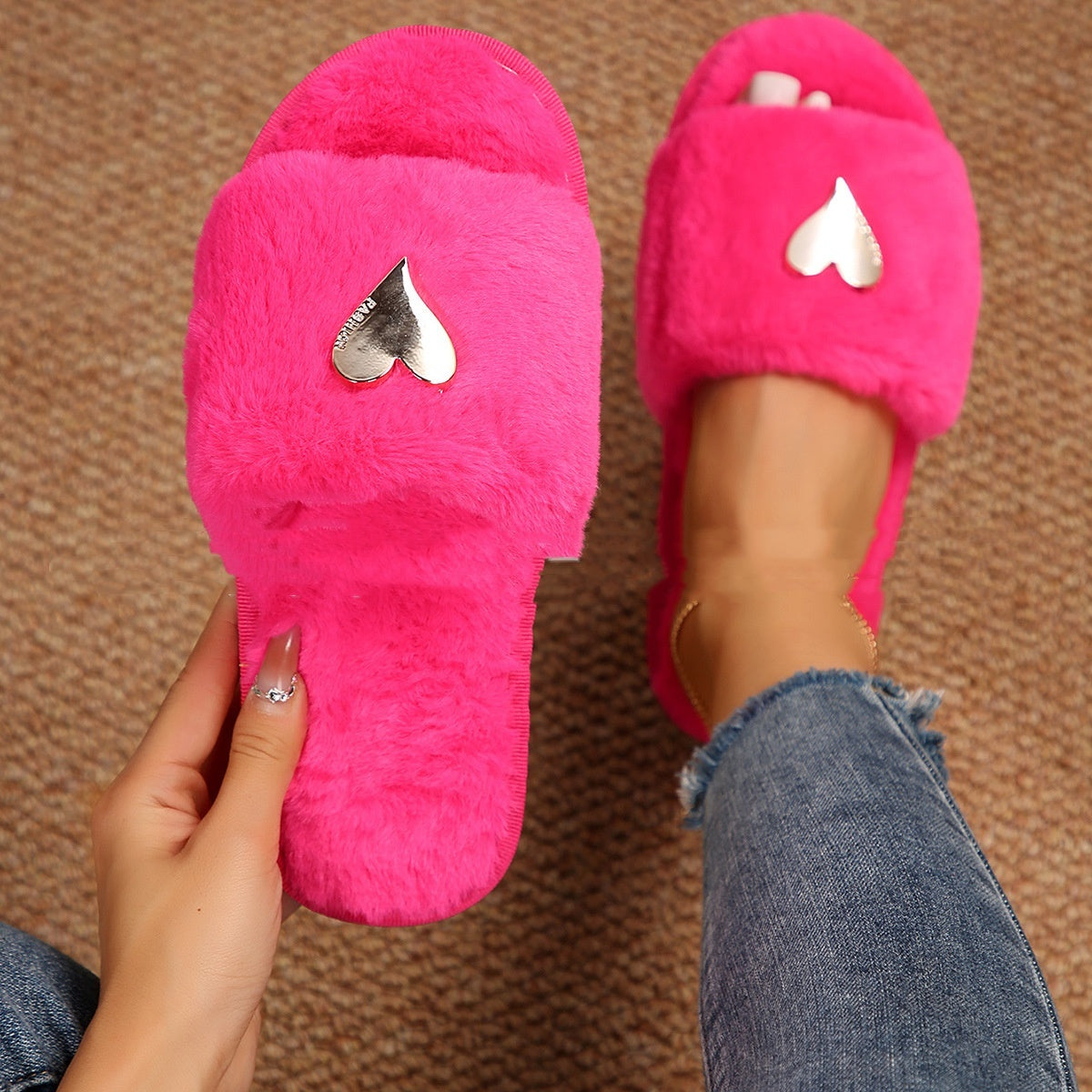 Fluffy Slipper Fall Winter Warm Home Fur Furry Slippers Women dealsniper-net Rose Red 36to37