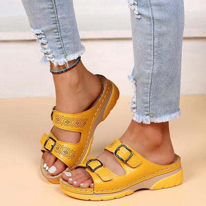 Double Buckle Slippers Women Flat Sandals Summer Women dealsniper-net Yellow Size35