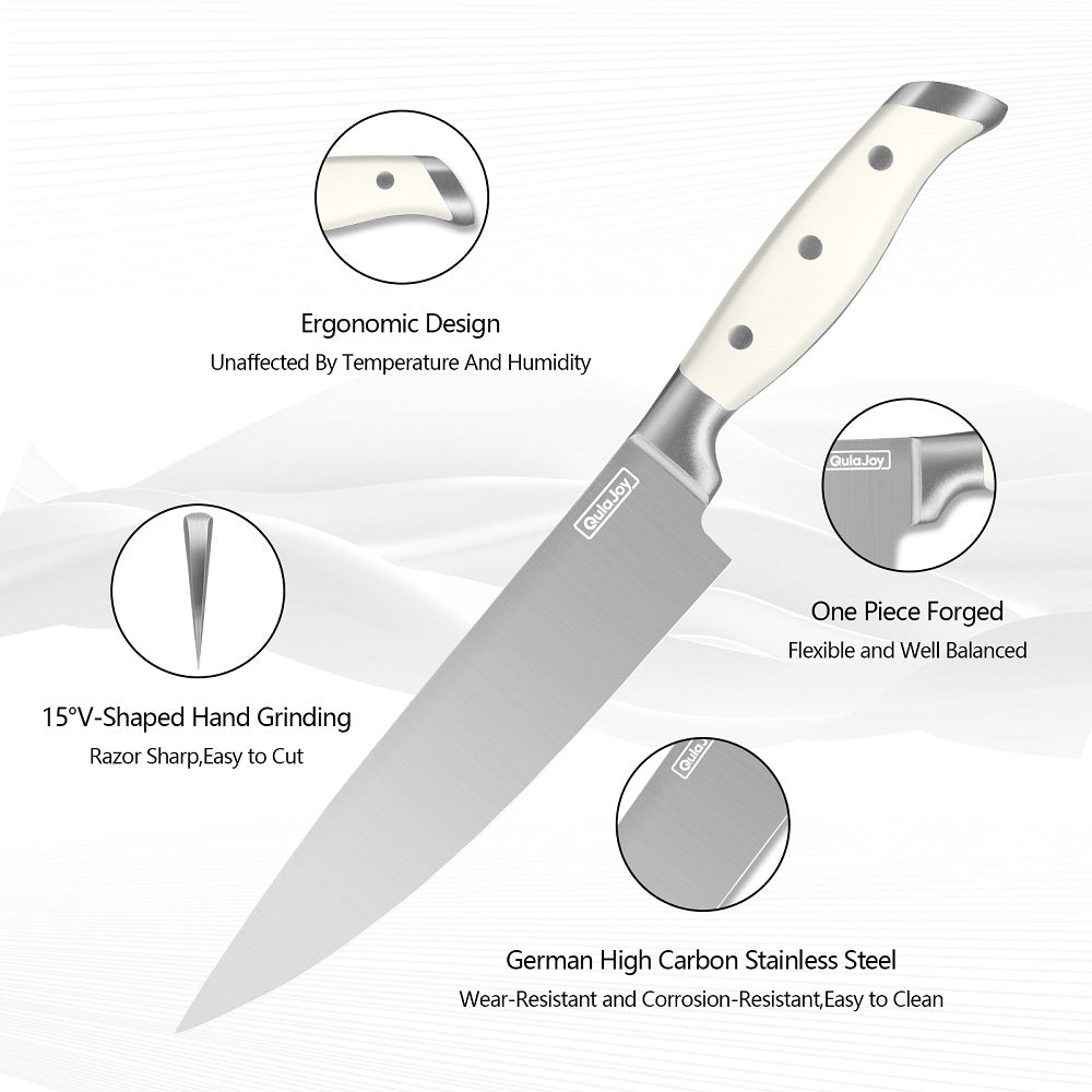 Qulajoy White Knife Set With Block - 9 Piece Razor Sharp Forged High Carbon Stainless Steel Kitchen Knives - Triple Rivet Cooking Knife Set With Kitchen Shear And Sharpener Stick Kitchen dealsniper-net