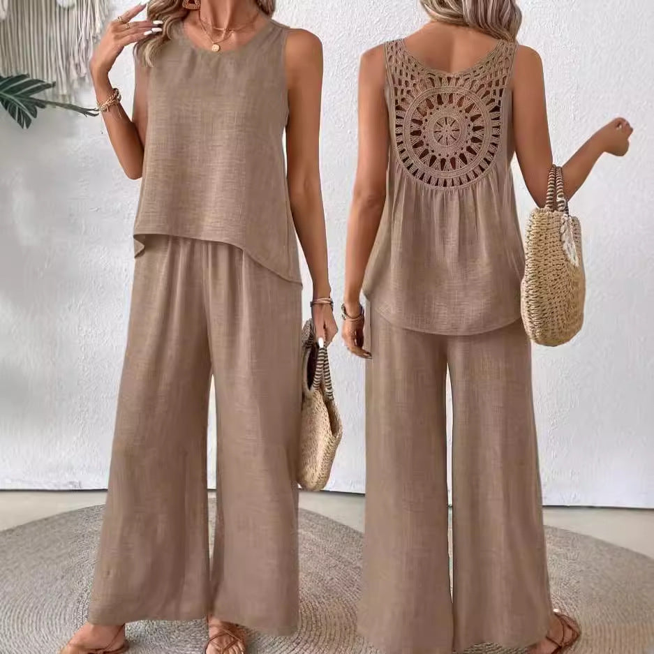 2 Pieces Set Women's Sleeveless Solid Color Back Hollow Lace Suit Women Gym From House