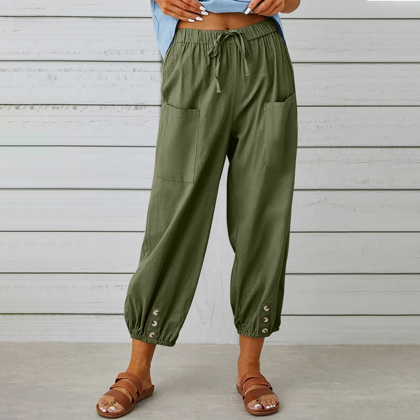 Women Drawstring Tie Pants Spring Summer Cotton And Linen Women dealsniper-net Army Green 4XL