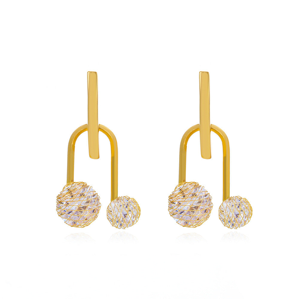 Copper Inlaid Zircon Hollow Small Gold Ball Earrings