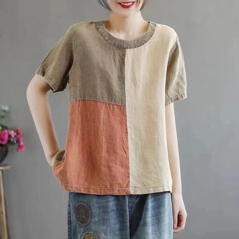 Cotton Linen Contrast Color T-shirt Artistic Design Half Sleeve Women Women dealsniper-net Khaki Collar 2XL Recommended 130 145kg