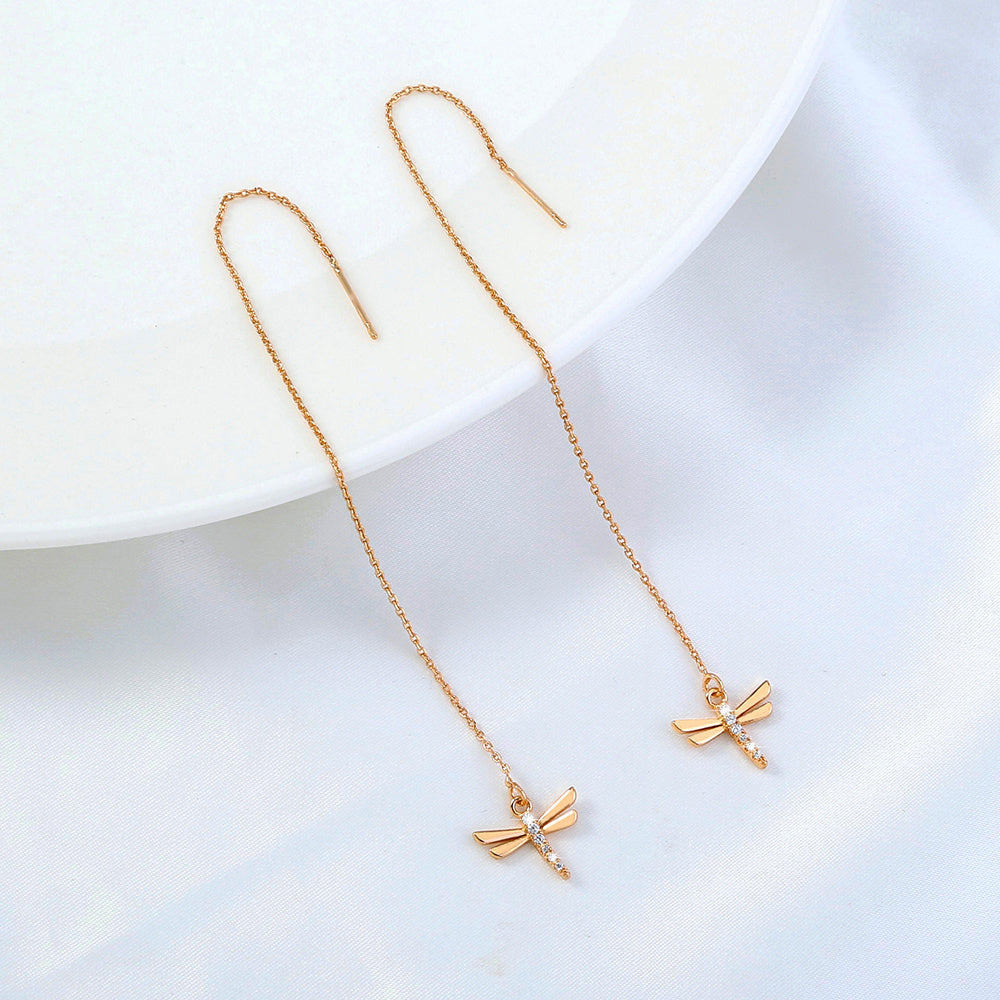 Gold Copper Dragonfly Micro-Set Zircon Long Tassel Ear Wire Jewelry dealsniper-net