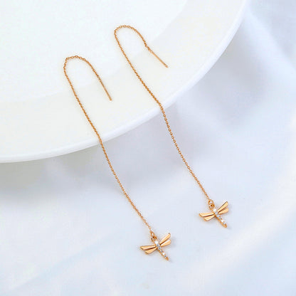 Gold Copper Dragonfly Micro-Set Zircon Long Tassel Ear Wire Jewelry dealsniper-net