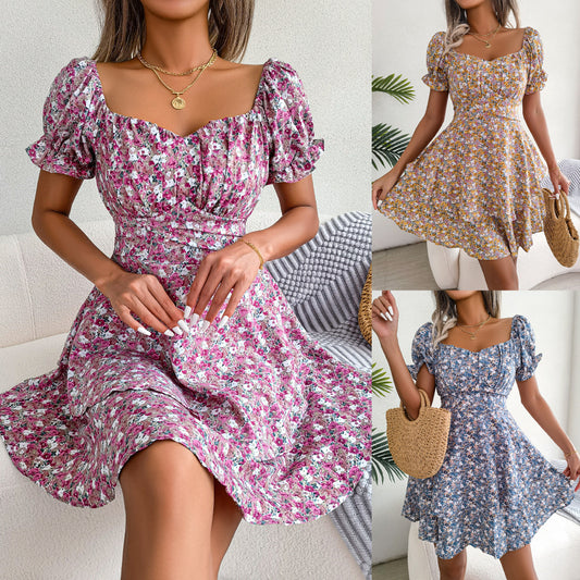 Women Mini Dress Temperament Big Swing Loose Hem Flower Women dealsniper-net