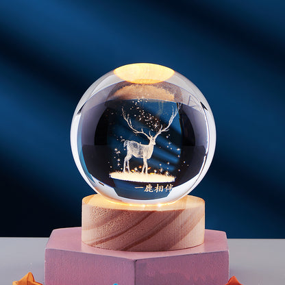 Crystal Ball 3D Inner Carved Solar System Glowing Night Lights Home Decor dealsniper-net A Deer Accompanied 6CM Ball And Base