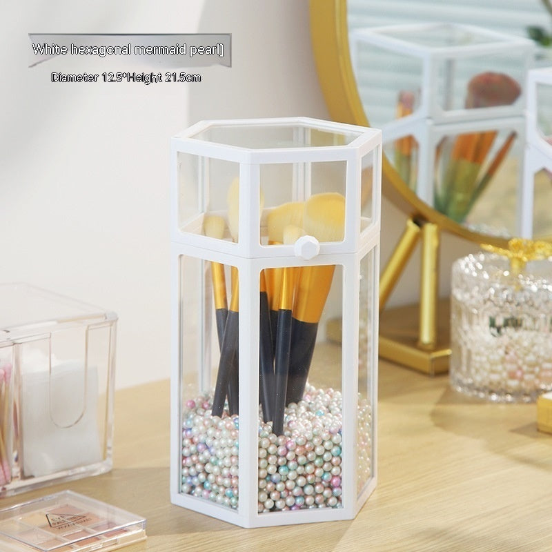 Makeup Brush Glass Storage Container Dustproof Cover Beauty dealsniper-net White Hexagonal Mermaid Pearl