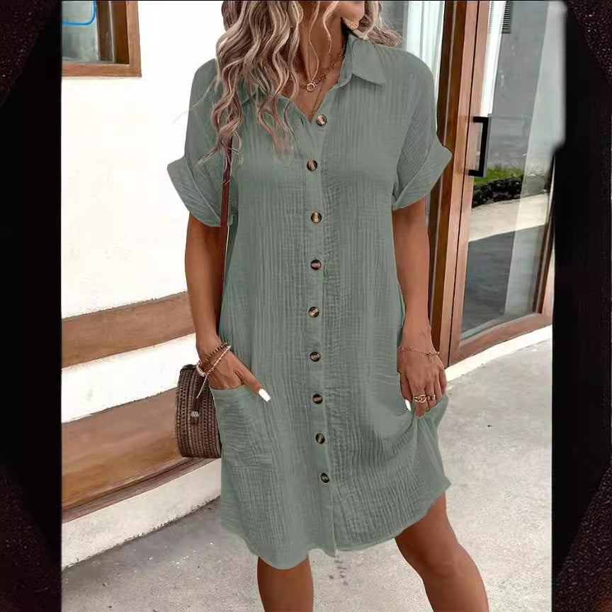 Summer Short Sleeve Shirt Dress Fashion Solid Color Women dealsniper-net